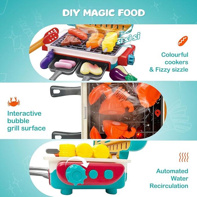 Cooking Simulator Toy with Color Changing Accessories, 31 Count Fun BBQ Kit Gourmet Cooking Box, Magic BBQ Simulation Grill Toy with Sound & Light & Steam Grill Surface for Kids 4-8,Perfect Christmas Gift Or Birthday Gift.