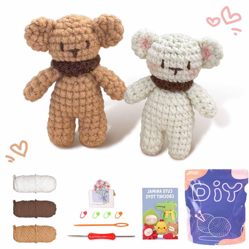 Little Bear Crochet Material Package, 2 Counts Cute Crochet Stuffed Animal Kit for Beginner, Crochet Animal Kit Include Videos Tutorials, Yarn, Seam Markers