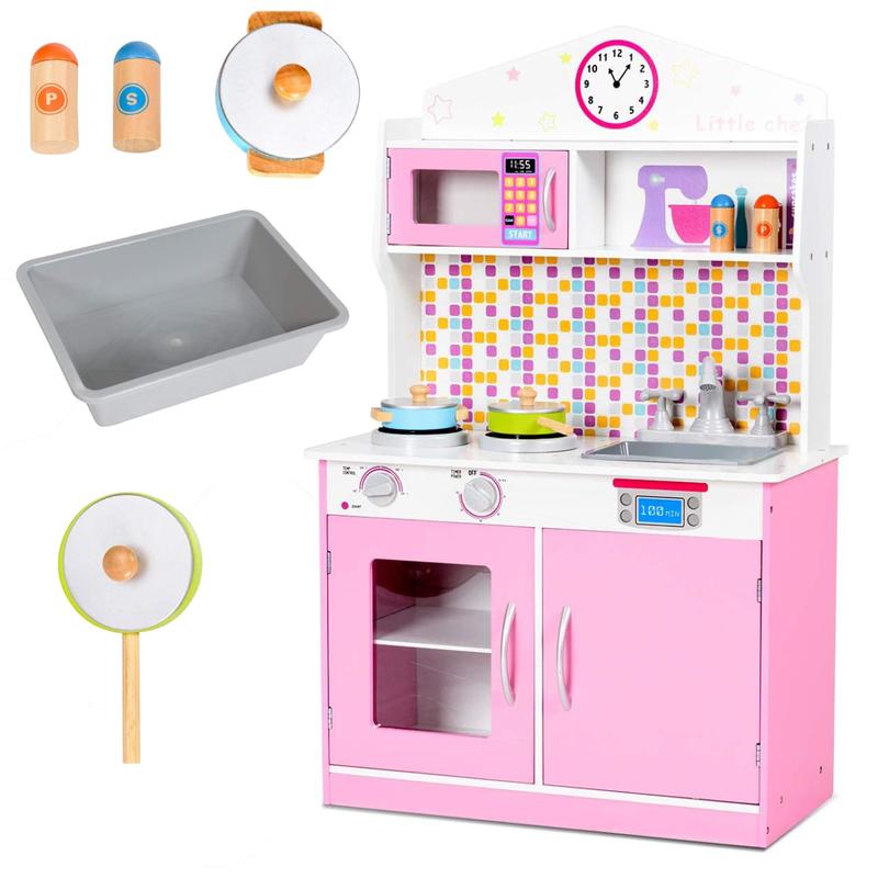 [ShopTab] Festival Joy Kids Kitchen Playset, Wooden Pretend Cooking Set w Removable Sink, Food & Cookware Accessories, Top Display Shelf