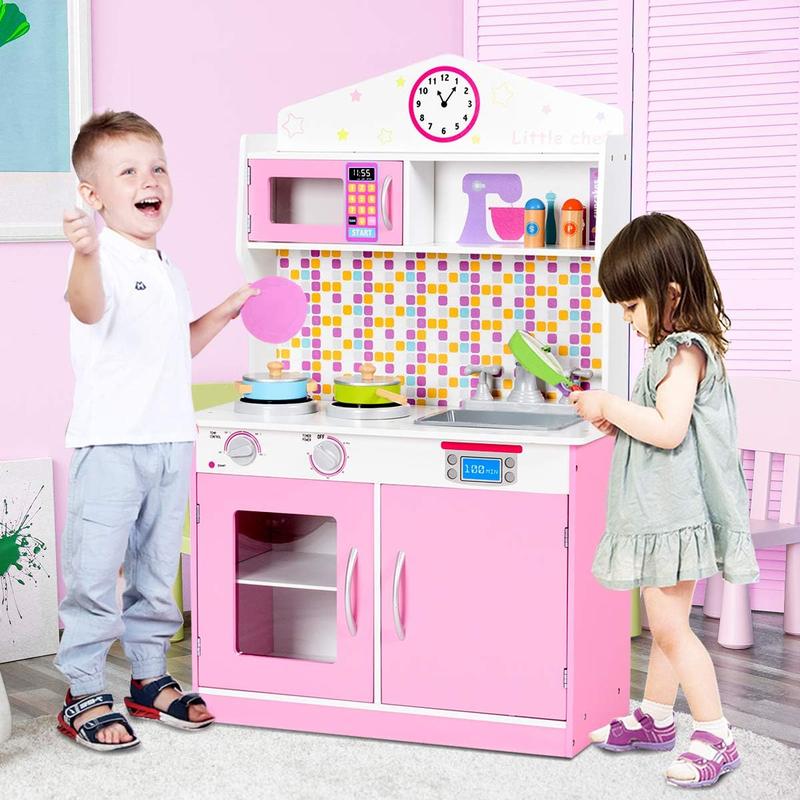 [ShopTab] Festival Joy Kids Kitchen Playset, Wooden Pretend Cooking Set w Removable Sink, Food & Cookware Accessories, Top Display Shelf