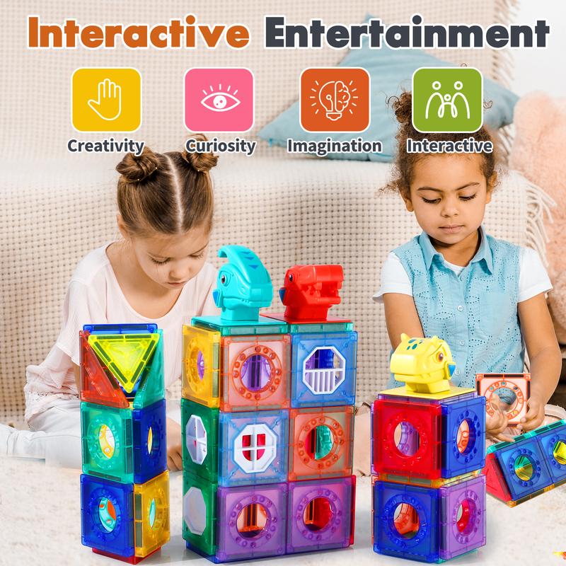 Dinosaur Race Track Magnetic Building Tiles - STEM Educational Construction Blocks, Montessori Magnet Tiles Set, 4D Diamond Cut Design