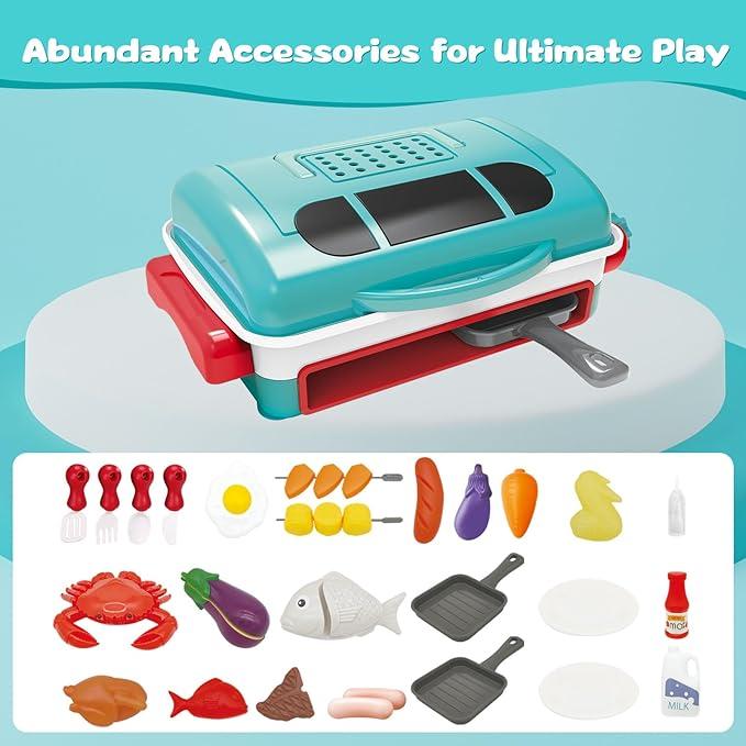 Cooking Simulator Toy with Color Changing Accessories, 31 Count Fun BBQ Kit Gourmet Cooking Box, Magic BBQ Simulation Grill Toy with Sound & Light & Steam Grill Surface for Kids 4-8,Perfect Christmas Gift Or Birthday Gift.