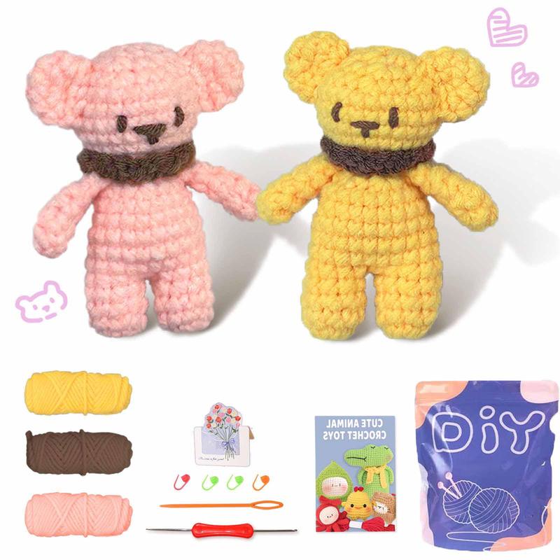 Little Bear Crochet Material Package, 2 Counts Cute Crochet Stuffed Animal Kit for Beginner, Crochet Animal Kit Include Videos Tutorials, Yarn, Seam Markers