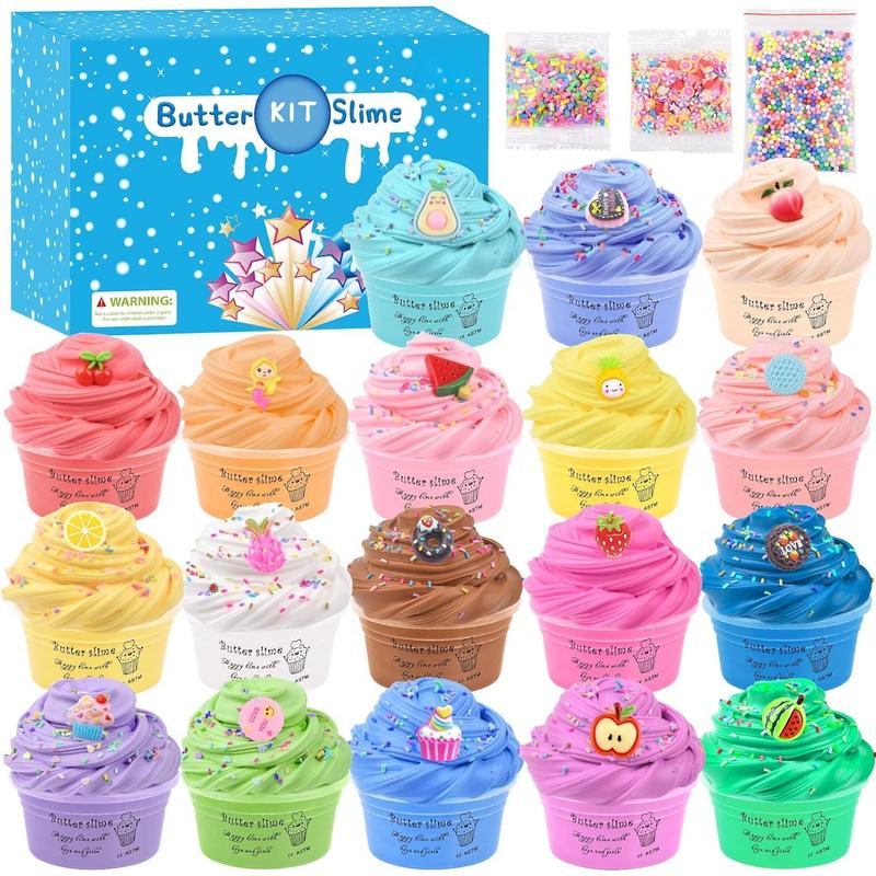 18 Pack Super Soft Butter Slime Kit, with Candy, Ice Cream, Fruit, Cute Fun Charms, Scented Slime Party Favor Gifts for Girls and Boys, DIY Putty Toys for Kids