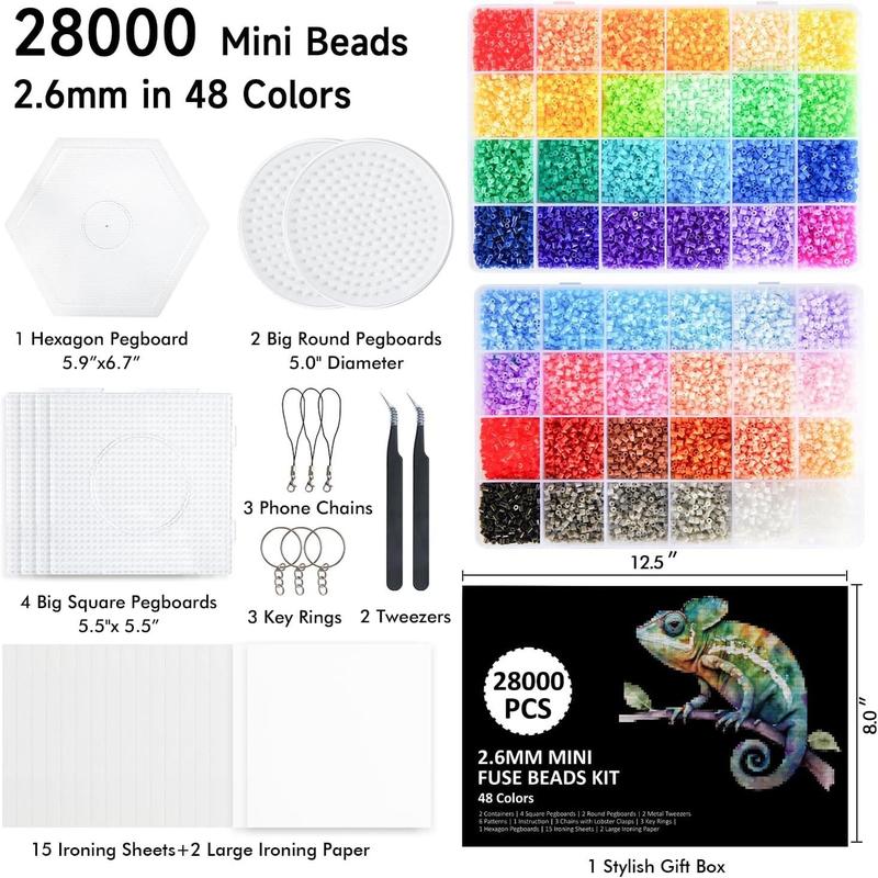 28,000 Mini Fuse Beads kit 2.6mm, 48 Colors 7 Pegboards 15 Ironing Sheets 2 Tweezers 2 Ironing Papers & 6 Chain Accessories Melty Beads Melting Beads Iron Beads Craft Beads Bulk