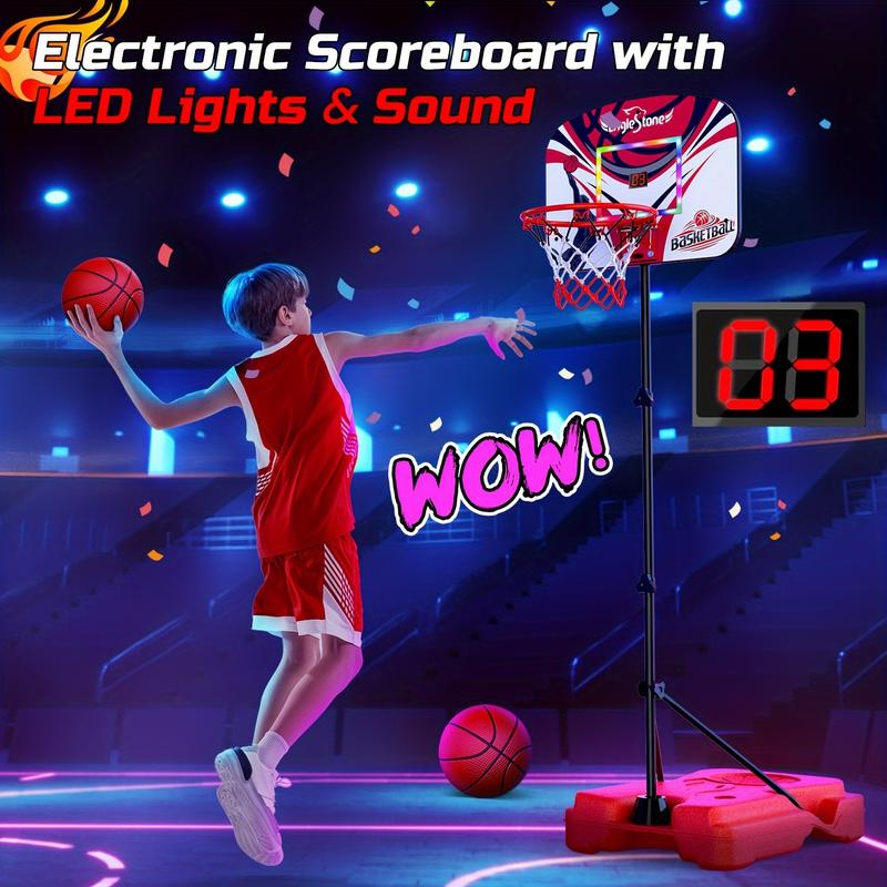 EagleStone Kid Basketball Hoop Indoor, Basketball Hoop Toddler Adjustable Height 2.9ft-6ftLED with Lights & Scoreboard, Mini Hoop Outdoor with 3 Balls, Basketball Toy Gifts Christmas Halloween Gift