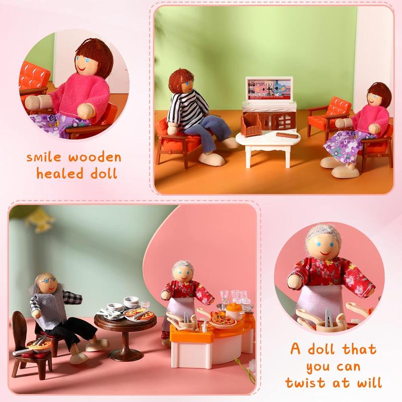 83 Pcs Doll House Furniture Package with 8 Winning Doll Family Set Wooden Bendable Figures and Fully Furnished Kitchen Living Room Bathroom Bedroom Dressable Doll House Furniture Pretend Play Toys