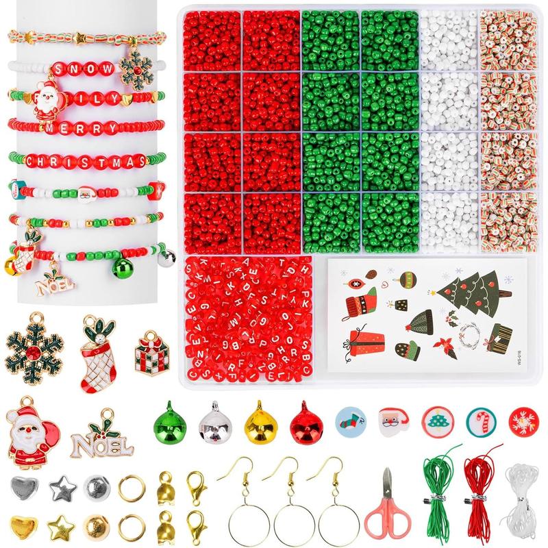 Christmas Friendship Bracelet Kit,Glass Seed Beads and Red Letter Beads (A-Z) for Making, Varieties of Christmas Charms Making,DIY Crafts for Gifts Party Favors