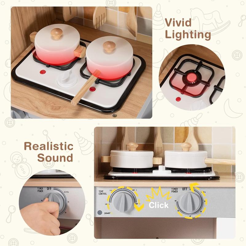 [ShopTab] Festival Joy Little Chef Toy Kitchen Set, Wooden Pretend Play Kitchen w  Cookware Utensil, Phone, Clock, Water Dispenser, Storage Cabinet