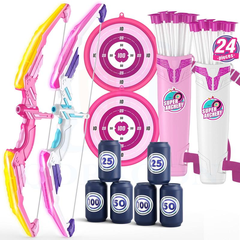 Outdoor Shooting Toy Set, 2 Counts set Including 2 Counts Bow & Arrow & 24pcs Suction Cup Arrow & 2 Counts Hanging Target, Outdoor Toy for Boys & Girls