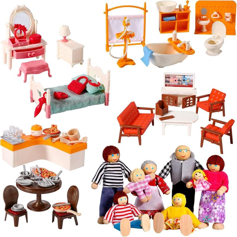 83 Pcs Doll House Furniture Package with 8 Winning Doll Family Set Wooden Bendable Figures and Fully Furnished Kitchen Living Room Bathroom Bedroom Dressable Doll House Furniture Pretend Play Toys