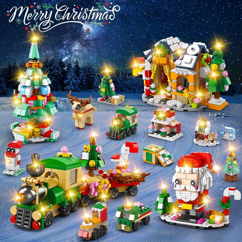 24 Pack Christmas Building Set with LED Light - 28 Models Christmas Blocks Toy for Kid | 1235 PCS Christmas Playset Include Santa Claus Xmas Tree Train Bricks, Gift for Boy Girl 6-12 Year