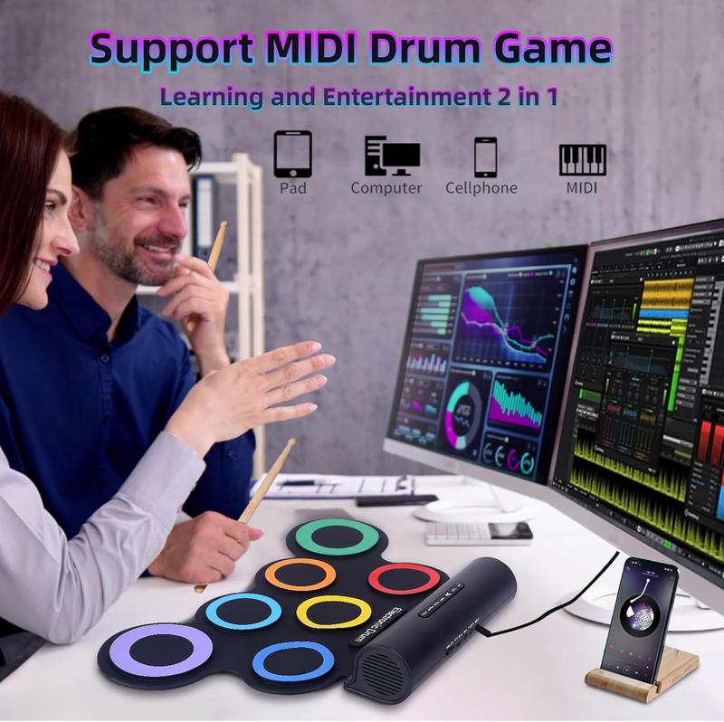 Portable Electronic Drum Set 7-Pads: Roll Up Drum Pad for Kids - Midi Electric Drum Set with Headphone and 2 Pairs Drumsticks 10 Hours Playtime - Holiday Birthday Christmas Gift for Kids 5-7 9-12