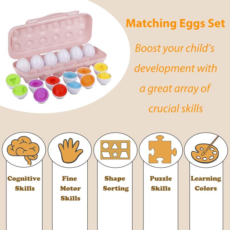 Color Shape Matching Eggs, Kids Learning Sorting Easter Egg Toys, Gifts for Boys Girls to Improve Identification Skills, with Pink Egg Holder, 12 Eggs