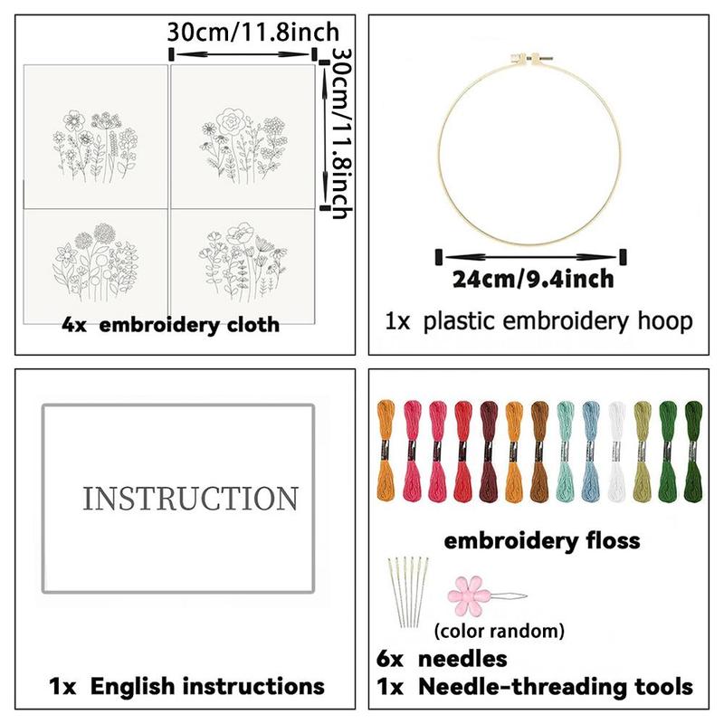 Floral Pattern Embroidery Kit, 4 Counts Floral Embroidery Starter Kit with Random Color Accessories & Instructions, DIY Embroidery Supplies for Beginners