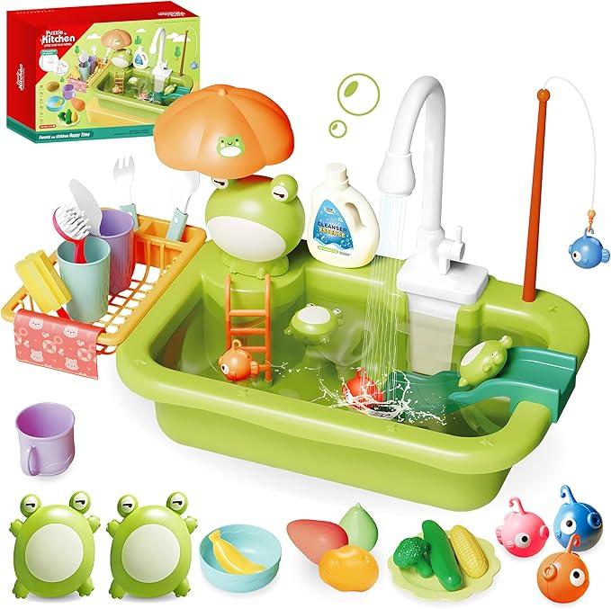 Toy Sink with Running Water, Kitchen Toy Set, Sink with Upgraded Electric Faucet, Play Kitchen, Realistic Play Food Set Learning Cooking Set, Pool Floating Fishing Toys for Water, Kitchen Toys Set for ages 4+ Child's Safe