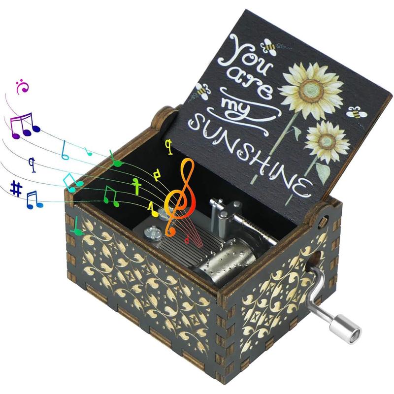 You are My Sunshine Music Box, Unique Wooden Hand Crank Engraved Vintage Musical Boxes, Christmas Anniversary Wedding Birthday Gifts for Mom Him Boyfriend Her Girlfriend Wife Husband(Black)