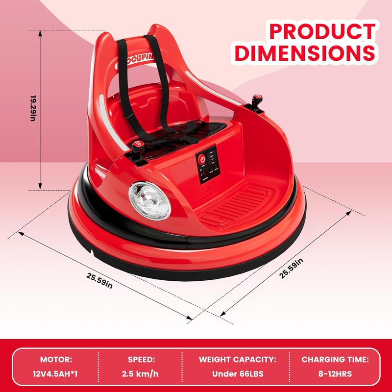 12V Ride-On Bumper Car for Kids (Ages 1.5-5) with Remote Control, LED Lights, Bluetooth, 360-Degree Spin, Anti-Collision Padding, Five-Point Safety Belt, 2WD outdoor toy