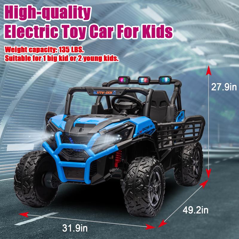 24V 2 Seats Kids Ride on Toy with Remote Control, 4X4 Off-Road UTV Truck Ride on Buggy Car, Battery Powered Kids Electric Vehicle Side by Side w LED Lights, Bluetooth, EVA Rubber Wheels, Blue