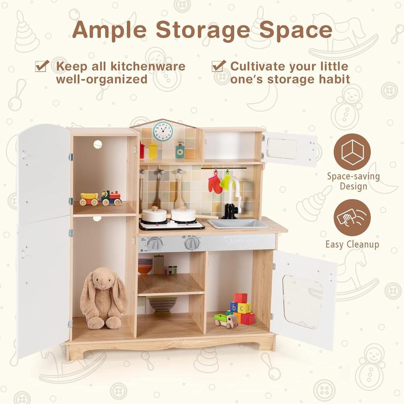 [ShopTab] Festival Joy Little Chef Toy Kitchen Set, Wooden Pretend Play Kitchen w  Cookware Utensil, Phone, Clock, Water Dispenser, Storage Cabinet