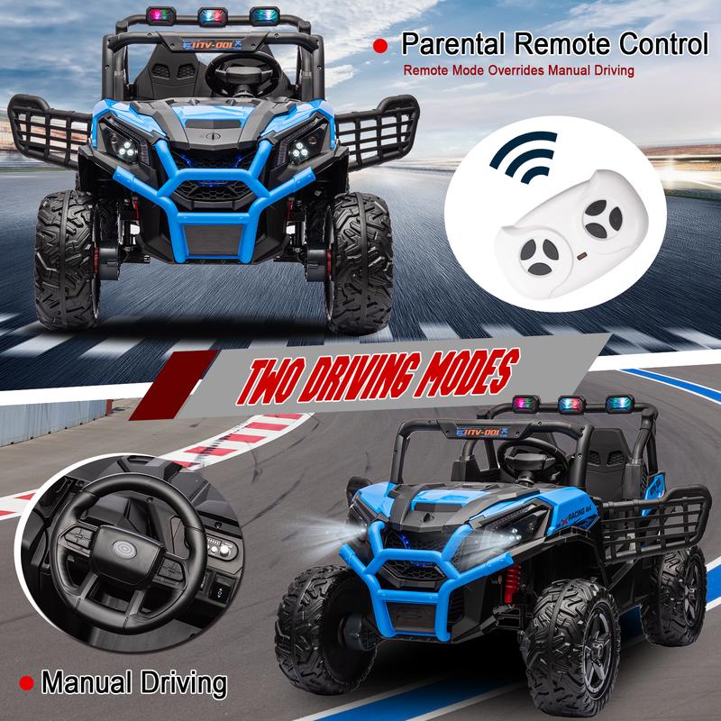 24V 2 Seats Kids Ride on Toy with Remote Control, 4X4 Off-Road UTV Truck Ride on Buggy Car, Battery Powered Kids Electric Vehicle Side by Side w LED Lights, Bluetooth, EVA Rubber Wheels, Blue