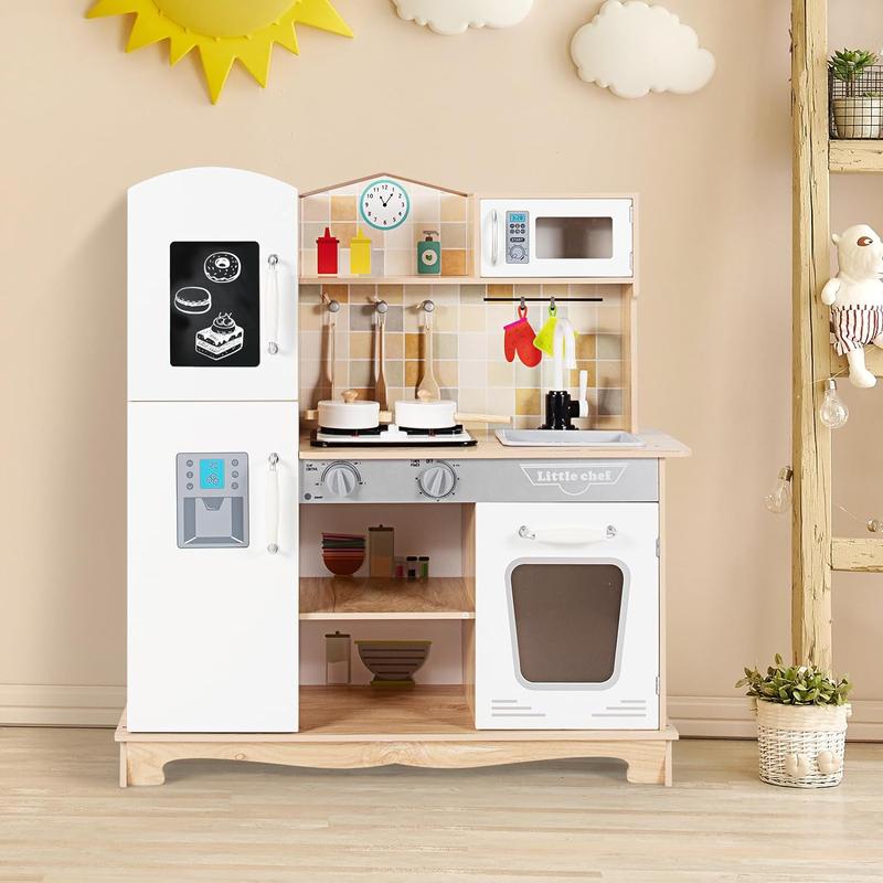 [ShopTab] Festival Joy Little Chef Toy Kitchen Set, Wooden Pretend Play Kitchen w  Cookware Utensil, Phone, Clock, Water Dispenser, Storage Cabinet