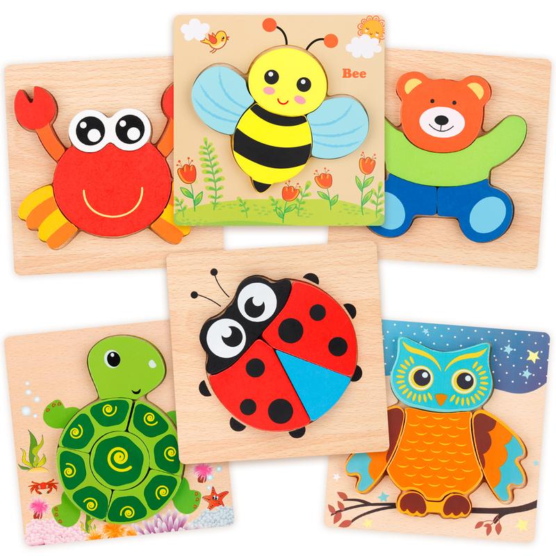 Coogam Wooden Jigsaw Puzzle Set, 6 Pack Animal Shape Block Preschool Educational Toy for Kids