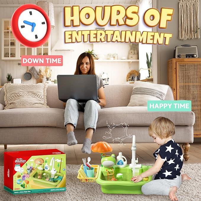 Toy Sink with Running Water, Kitchen Toy Set, Sink with Upgraded Electric Faucet, Play Kitchen, Realistic Play Food Set Learning Cooking Set, Pool Floating Fishing Toys for Water, Kitchen Toys Set for ages 4+ Child's Safe