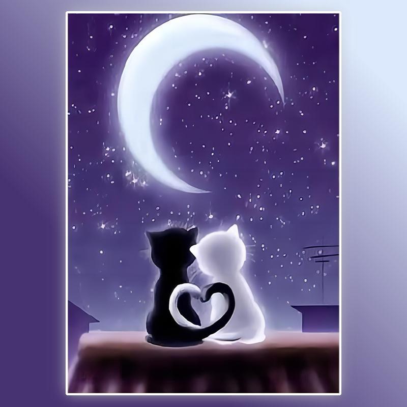 Cat & Moon Pattern DIY Diamond Arts Painting Kit Without Frame, DIY Decorative Art Picture For Beginner, DIY Home Decor