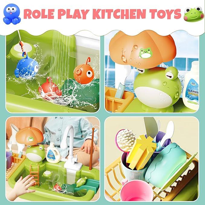 Toy Sink with Running Water, Kitchen Toy Set, Sink with Upgraded Electric Faucet, Play Kitchen, Realistic Play Food Set Learning Cooking Set, Pool Floating Fishing Toys for Water, Kitchen Toys Set for ages 4+ Child's Safe