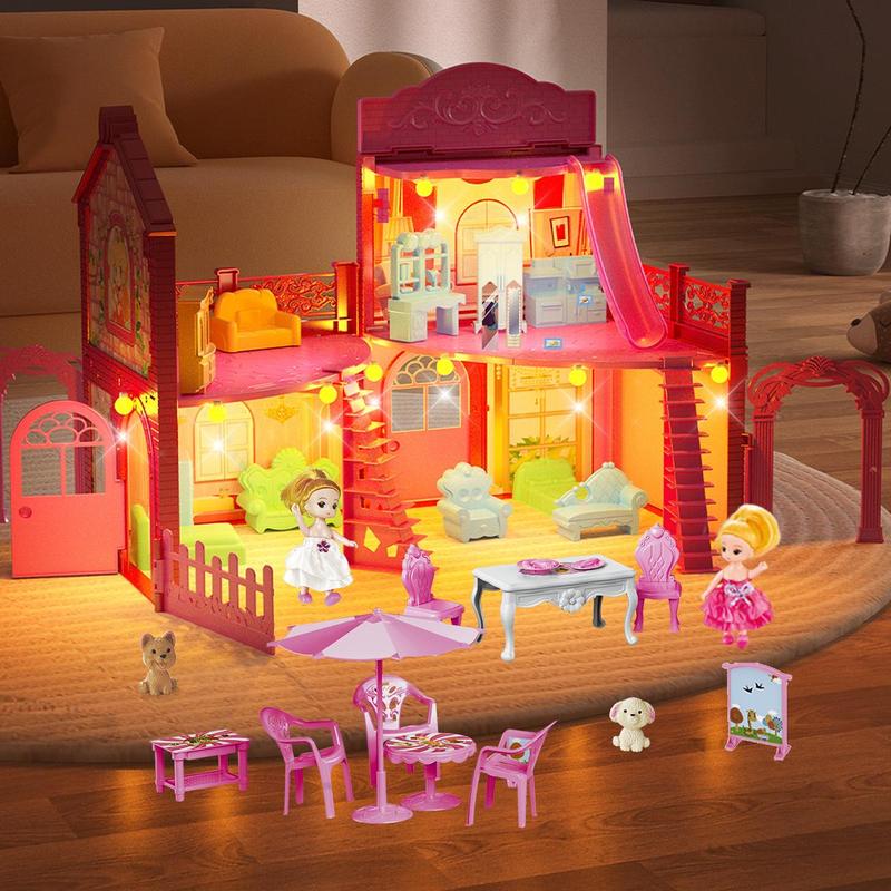 DIY Doll House Toy with Light, 1 Box Doll House Toy with Doll & Pet & Furniture Accessories, Model Building Kit, Birthday Gift