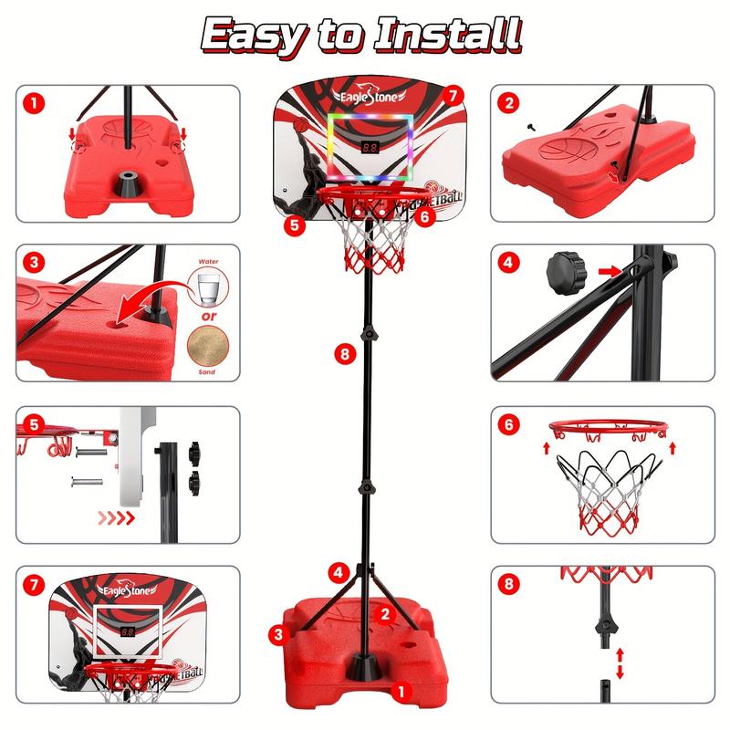 EagleStone Kid Basketball Hoop Indoor, Basketball Hoop Toddler Adjustable Height 2.9ft-6ftLED with Lights & Scoreboard, Mini Hoop Outdoor with 3 Balls, Basketball Toy Gifts Christmas Halloween Gift