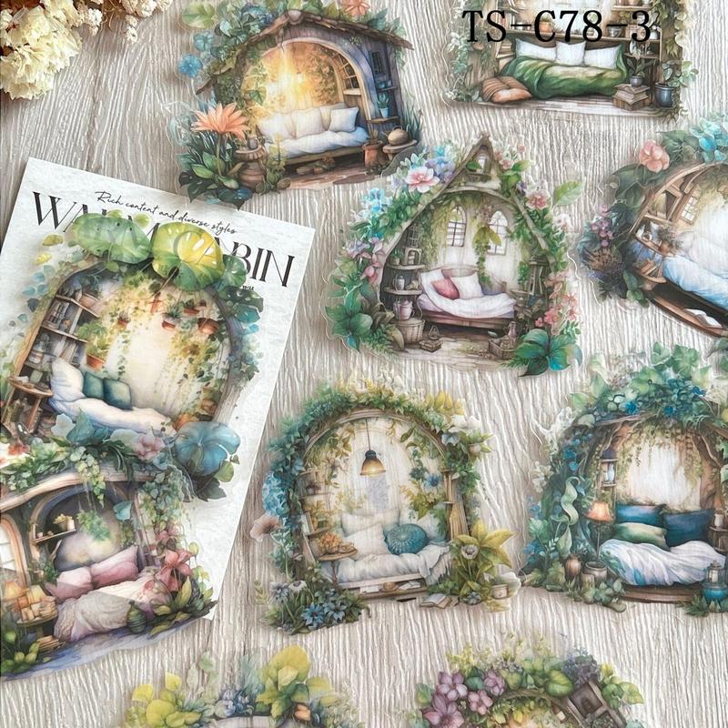 Vintage Castle & Book Pattern Decorative Sticker, 10pcs pack Scrapbooking & Journal Making Material Paper, DIY Decorative Sticker for Christmas Gift