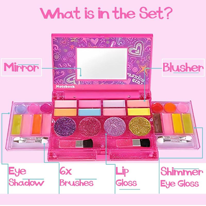 Christmas Gift Kids Washable Makeup Kit, Fold Out Cosmetic Vanity Palette with Mirror, Make Up Toy Beauty Kit for Girls Pretend Play - Safety Tested - Non Toxic