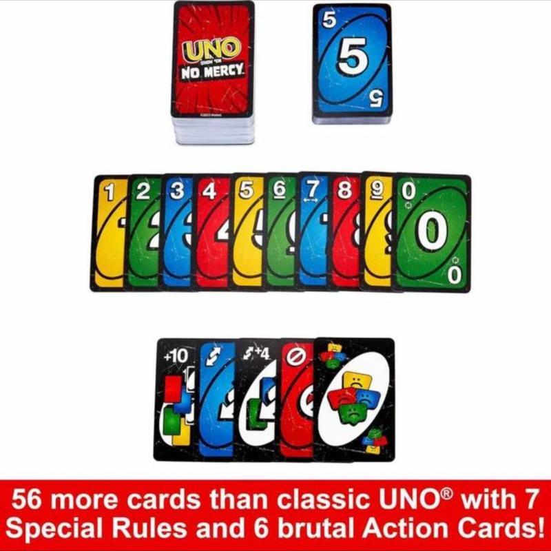 UNO NO MERCY PLUS: UNO version 210 196 194 card game upgrade for family, Ideal for Parties and Travel, UNO +100 difficult rules, UNO CARD GAME TOP BOARD GAME