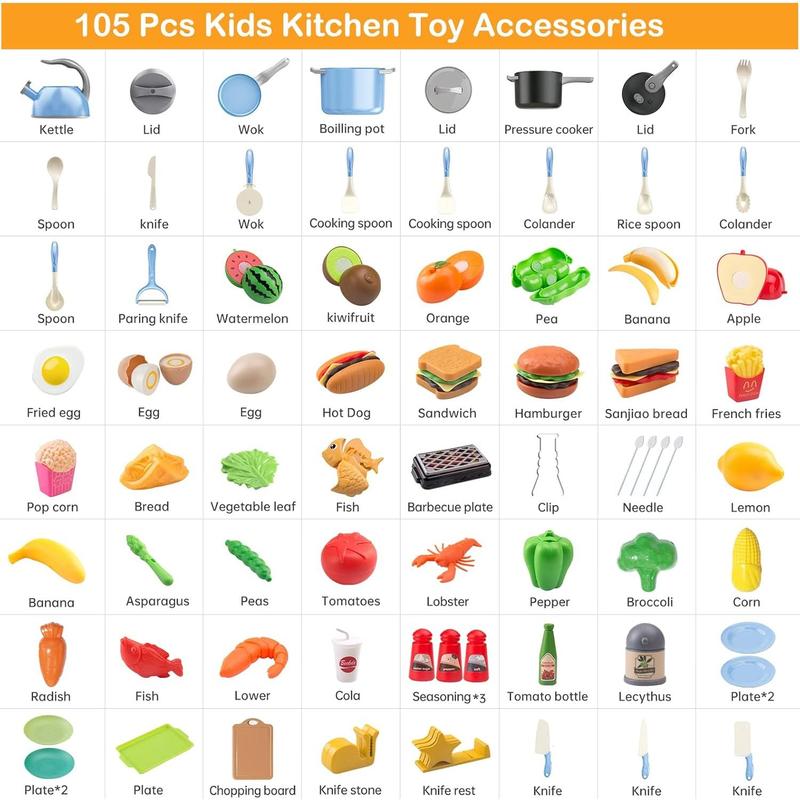 105Pcs Kids Kitchen Toy Accessories, Pretend BBQ Camping Cooking Playset, Play Pots, Pans, Utensils Cookware Toys, Play Food Set, Vegetables, Learning Gift for Girls Boys