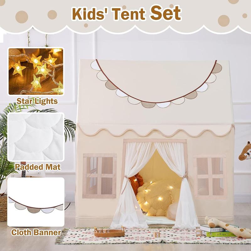 Kids Play Tent House - Includes Mat, Star Lights, and Banners, Fun indoor, Perfect Toy House for Boys & Girls, Ideal Birthday Gift and Playroom Decor fun indoor