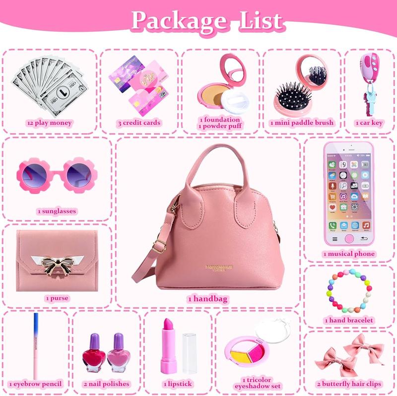 Christmas Gift Play Purse for Little Girls, 31 Pcs Kids Toy Purse, Pretend Play Purse Set with Handbag, Makeup Kit, Wallet, Sunglasses, Phone, Car Keys and Credit Cards for 3-6 Year Old Girls Birthday Gift