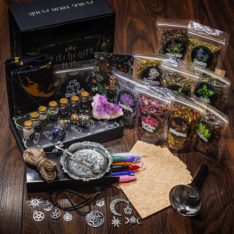 Witchcraft Supplies Kit for Spells, 56 PCS Witch Box Include Dried Herb Crystal Candles Amethyst Cluster Parchment, Wiccan Supplies and Tools, Beginner Witchcraft Kit Witch Stuff