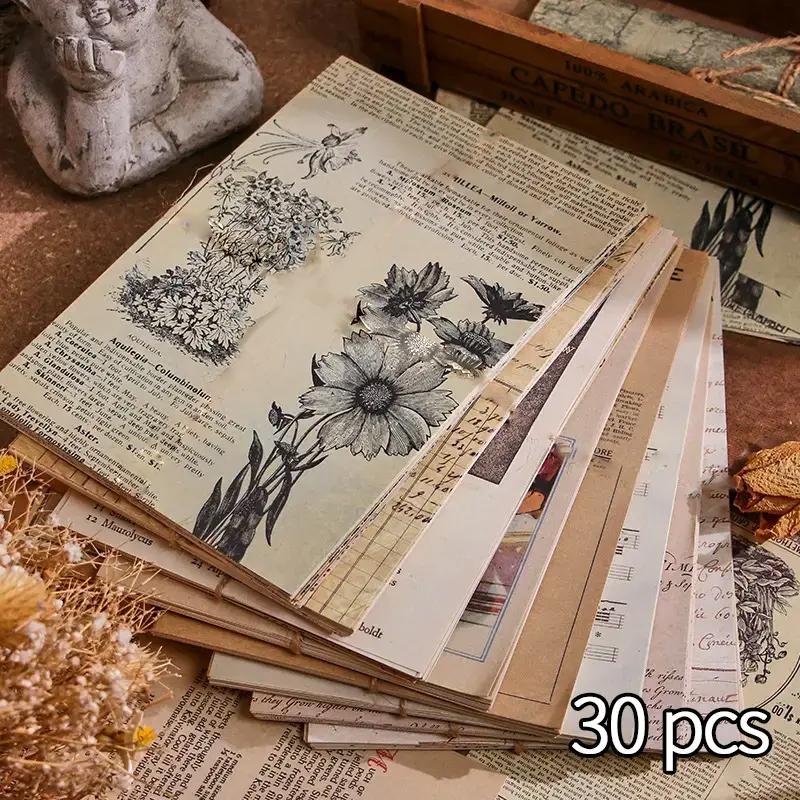 Random Vintage Material Paper, 30 Sheets Retro Handbook Background Paper for Students Gifts Wrapping, DIY Decorative Sticker for Scrapbooking & Journal Making, Students Stationery Gifts