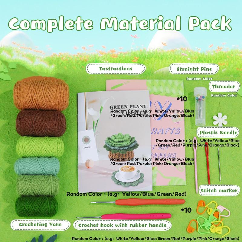 Crochet Kit for Beginners, 1 Set Cute Plant Coaster Crochet Kit with Random Color Accessories, DIY Knitting Supplies for Home Office Dormitory Decor