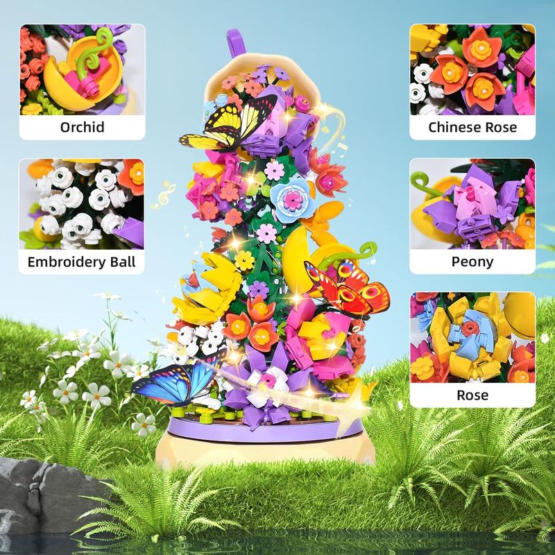 579 Piece Flowers Music Box Building Set,Artificial Flowers Series Rotating Music Box Building Kit,Creative Project Botanical Collection Crafts Set,Birthday Gift for Kids Girls Boys Age 6 7 8+