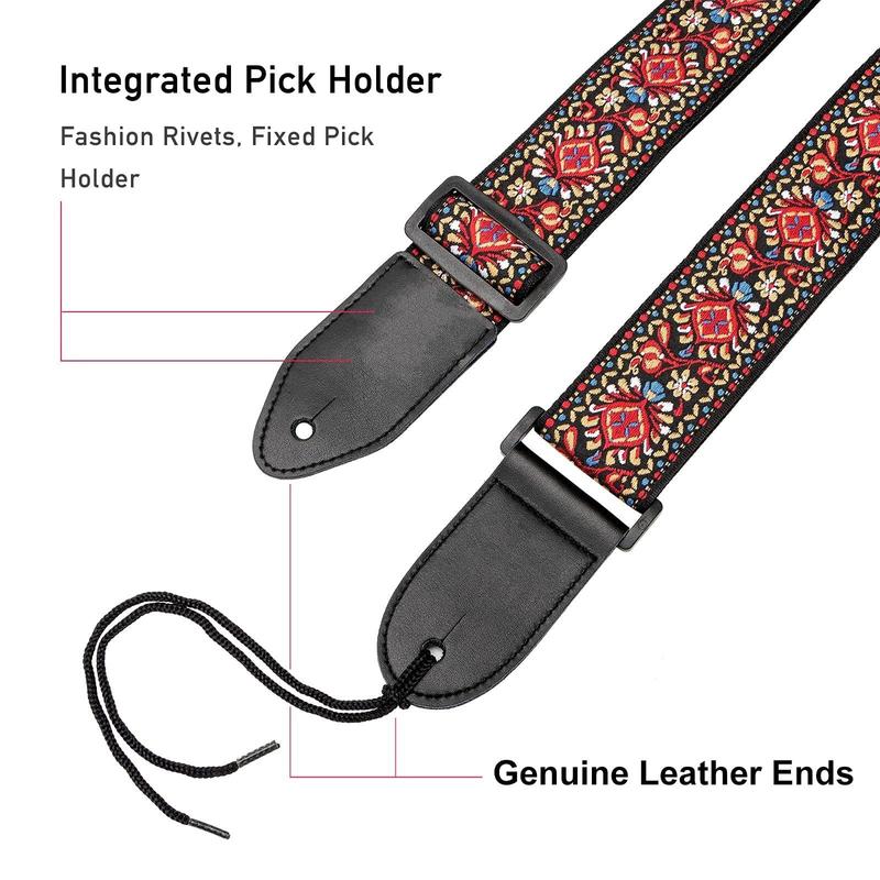 Boho Style Guitar Strap (10pcs), Guitar Straps with 3 Pick Holder, Strap Button Headstock Adaptor, Strap Lock & 5 Guitar Pick for Electric Acoustic Guitar