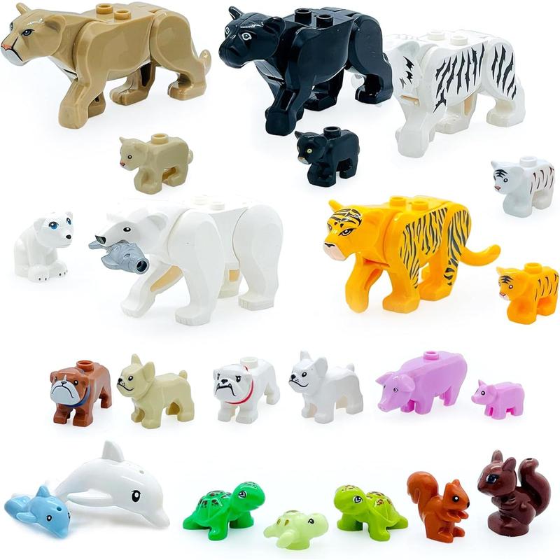 23pcs Animals Mini Figures Friends Sets with Baby Building Block Farm Zoo Animals Toy for Boys Girls 6-7-8-9-10-11-12 Kits Tiger Leopard Bear Dog Dolphin Turtle Squirrel