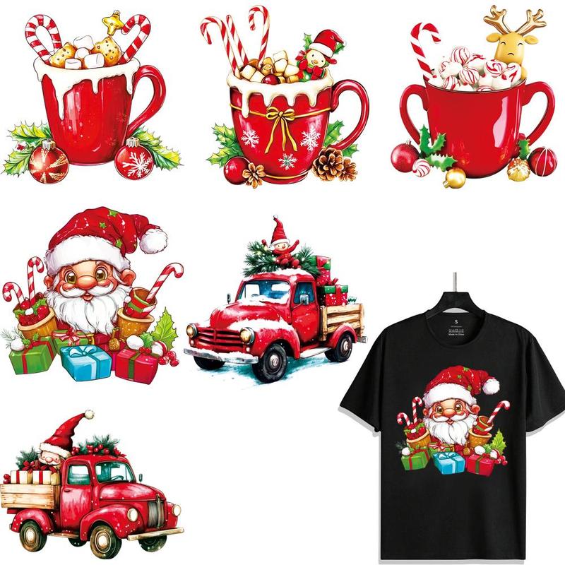 Cartoon Christmas Themed Pattern Heat Transfer Sticker, 6 Counts set DIY Heat Transfer Sticker, DIY Clothing Decoration for T-shirt, Jeans, Jacket, Bag, Hat