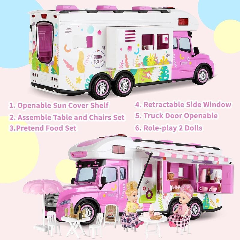 Remote Control Car for Girls Food Truck Toy Playset,Pink Remote Control Food Truck with Food Set, Dolls and Tableware Set,Best Gift for 4-9 Years Old Girls, Birthday (Rose red)