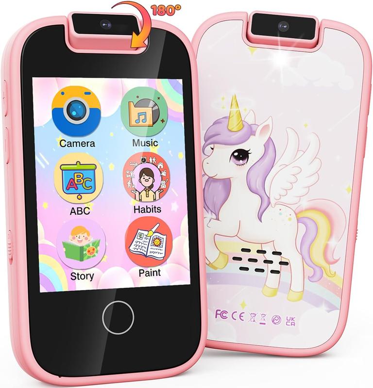 Cartoon Touchscreen Smart Toy Phone with 180° Rotatable Camera Music Games Player for Birthday Gifts Touchscreen Toy Phone