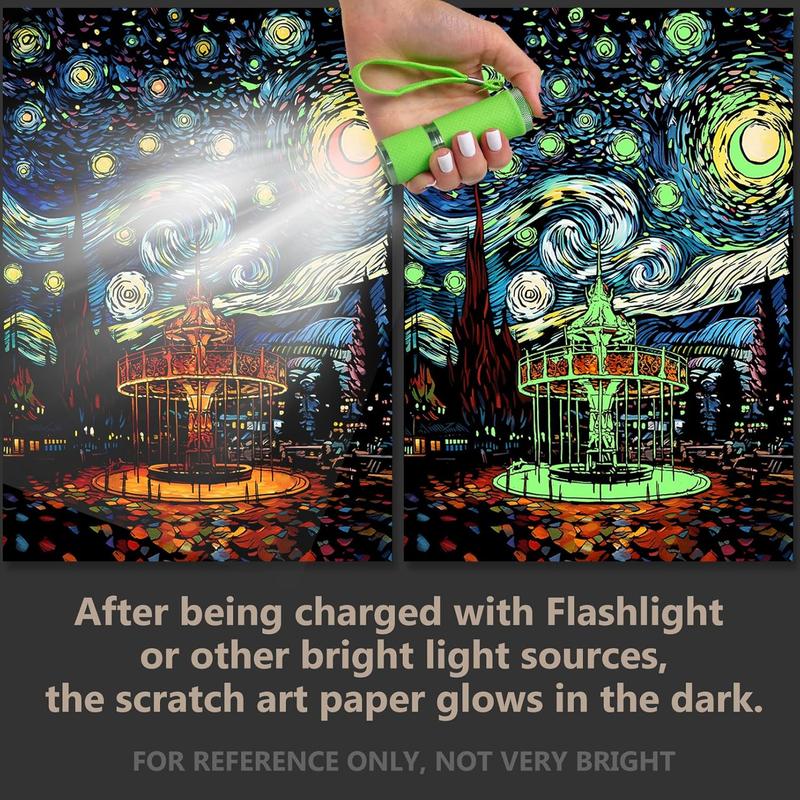 2 Pack Night Glow Scratch Art Rainbow Painting Paper, Magic Glow-in-the-Dark Scraping, Van Gogh Style Creative Craft Set, Fun DIY Toy Sketch Card Scratchboard for Kids, Adults (Amusement Park Castle)