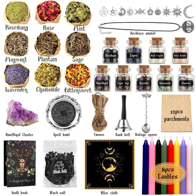 Witchcraft Supplies Kit for Spells, 56 PCS Witch Box Include Dried Herb Crystal Candles Amethyst Cluster Parchment, Wiccan Supplies and Tools, Beginner Witchcraft Kit Witch Stuff