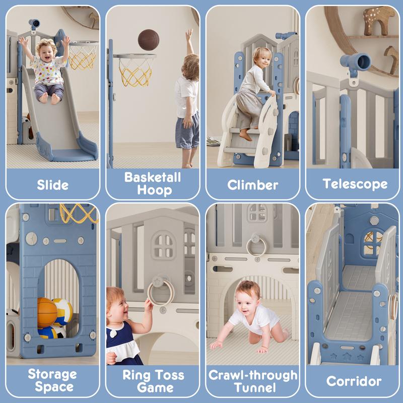 KORIMEFA 8 in 1 Kids Slide Set Climber Slide for Kids, Outdoor Indoor Playset with Basketball Hoop, Telescope, and Storage Space